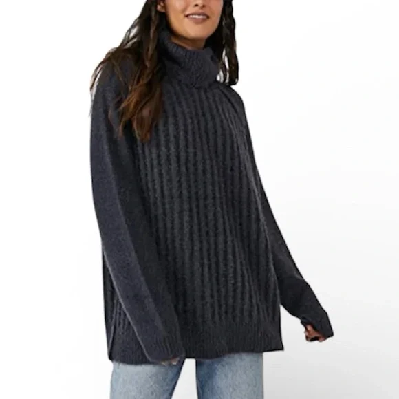 Free People Big City Turtleneck Knit Sweater Gray Ribbed XS - Picture 7 of 7
